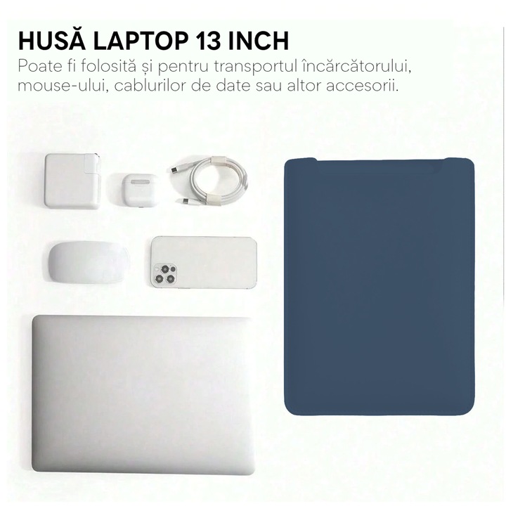 Husa pentru MacBook Pro/Air sau Laptop 13 Sleeve din piele PU premium cu mouse-pad inclus, rezistenta la apa, albastru