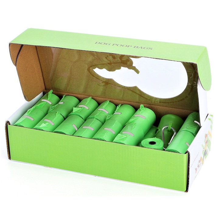 Set Saci de Igiena 100% Biodegradabili si Dispenser Portabil pentru Caini si Pisici, Sofia CONCEPT®, 30 Role, 450 bucati, 22, 5 × 33 cm, Verde