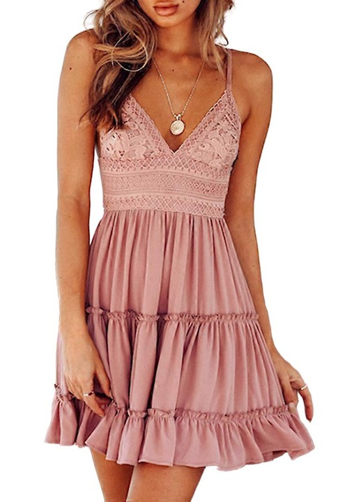 Rochie fara maneci V cu bretele subtiri, roz, 2XL
