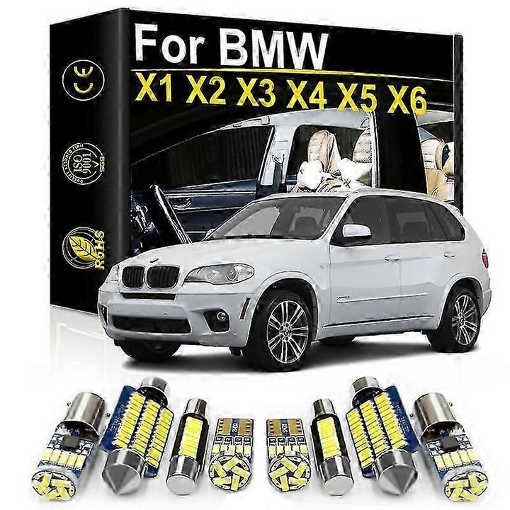 Set accesorii iluminat interior auto LED pentru BMW X1 E84, F48, X2 F39, X3 E83, F25, X4 F26, X5 E53, E70, F15, F85, X6 E71, 12 piese