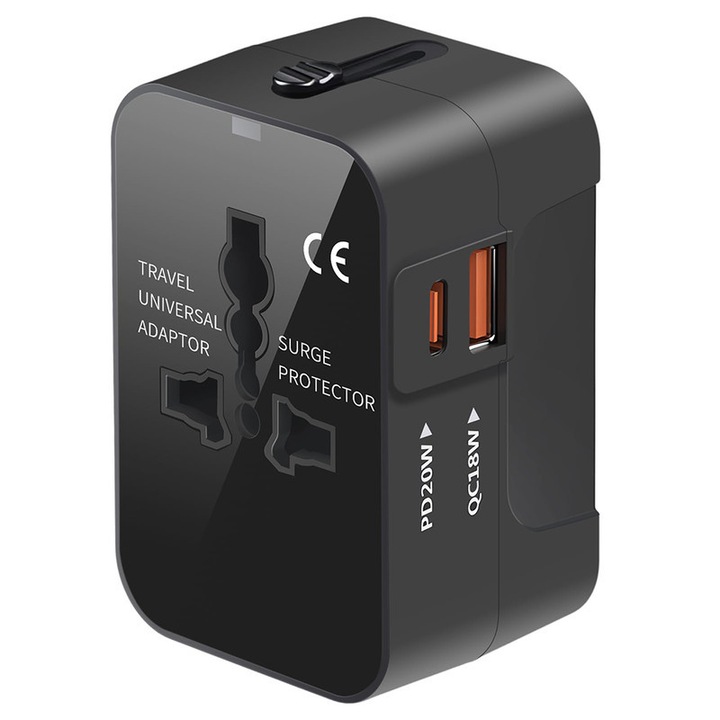 Универсален адаптер за пътуване, JESWO, USB-C PD 20W, USB-A QC 18W, 4 модула, черен, 3x1.9x1.5 инча