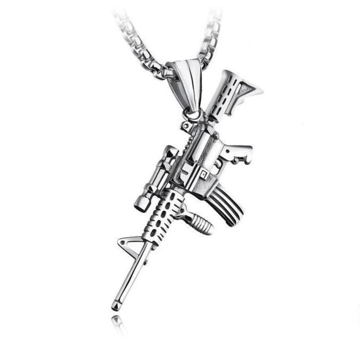 Colier cu pandantiv pistol Colier cu mitraliera Colier cu pistol rock hip hop pentru barbati Argintiu
