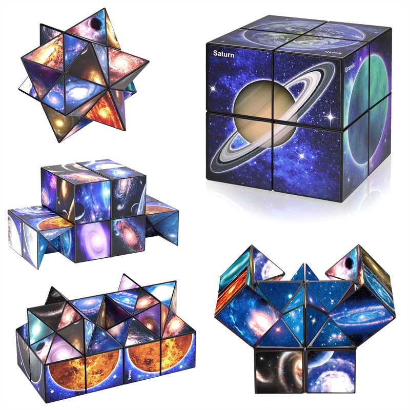 Jucarie interactiva magnetica, Chelfonds®, 2 in 1, tip cub Rubik, sistem solar, puzzle 3D, forme transformabile, potrivita pentru copii si adulti, 5, 5 x 5, 5 x 5, 5 cm, cer instelat