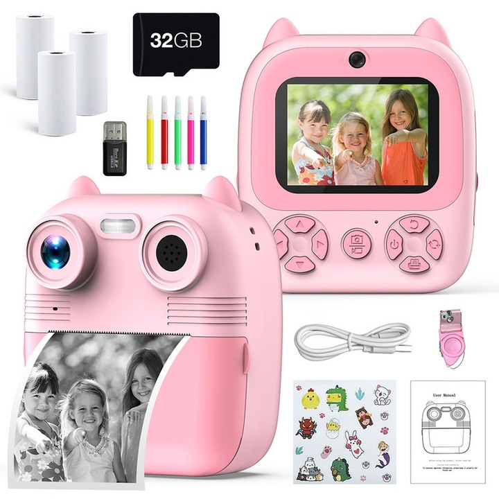 Детски моментален фотоапарат, JESWO®, 2.8", 96MP Двоен обектив, 32GB, 2200mAh, 9.5x5.5x11см, Розов