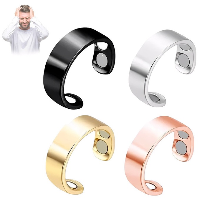 Set de inele magnetice de terapie TREXORA, electroplacate, ajustabile, unisex, 4 piese, multicolor, pentru circulatie sanguina si reducerea stresului