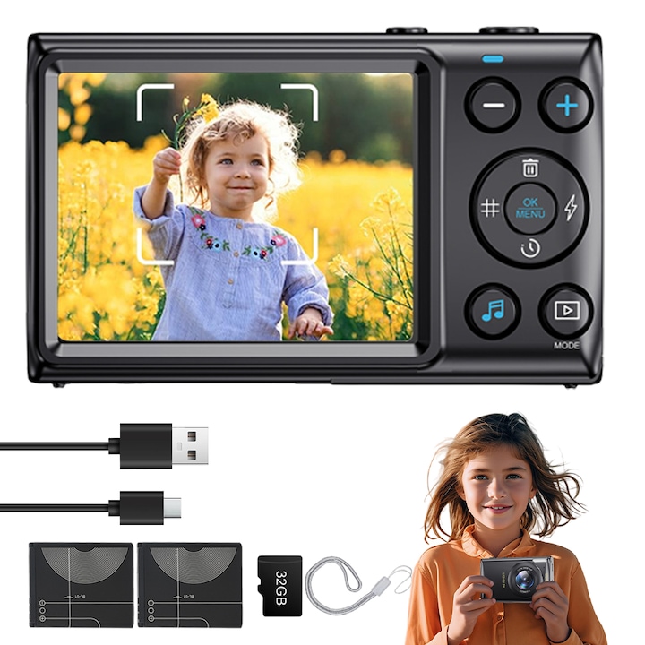 Цифров фотоапарат, Buyya®, компактен цифров фотоапарат, 4K, 64MP, 18x цифрово увеличение, с 32GB карта памет, 2,8-инчов IPS HD екран, електронна стабилизация на изображението, автофокус, вградена светкавица, черен