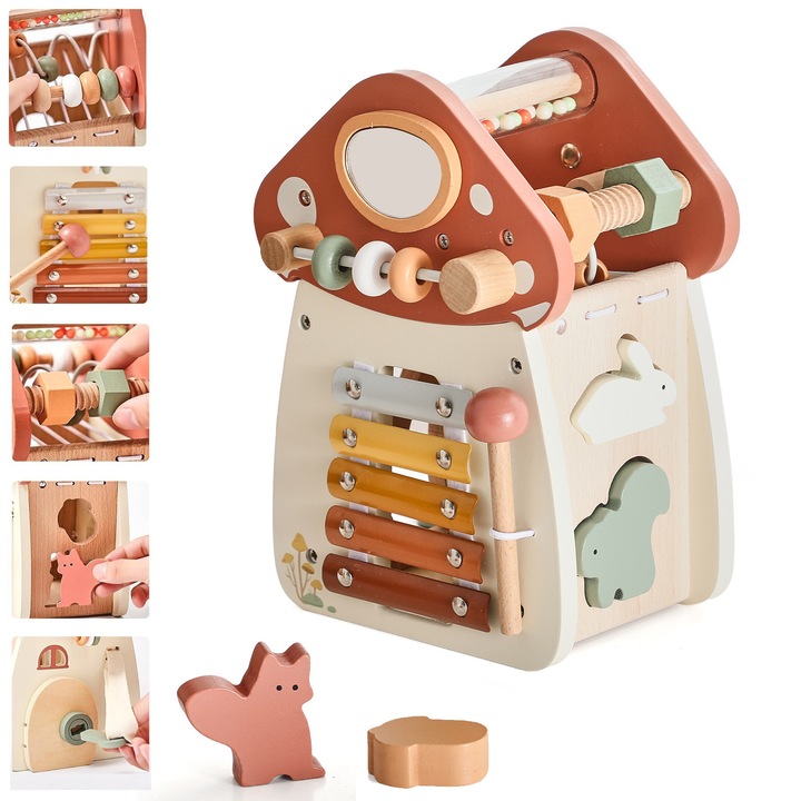 Jucarie educativa Montessori pentru copii Cub de activitati 8 in 1 in forma de Casa Ciupercuta, sortare forme si margele rulante, functie muzicala cu xilofon, cadou fete si baieti