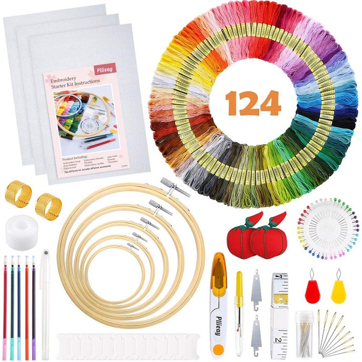 Set de broderie, 124 fire colorate, 5 cercuri de bambus, 3 panze etamina, pix cu 5 rezerve, 40 ace colorate, 30 ace diverse marimi, geanta de transport, multiple accesorii