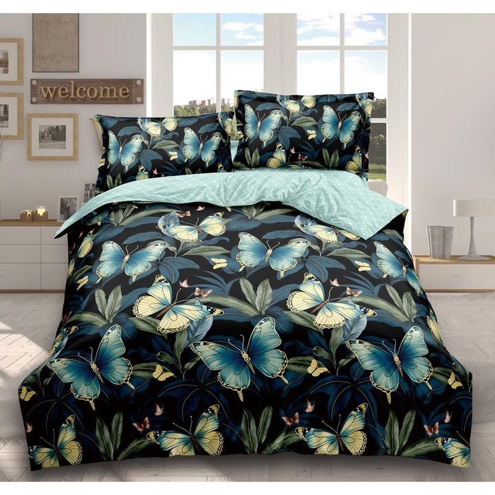 Set Lenjerie CHIRASO, Finet Premium, Cearceaf cu Elastic 180 x 200 cm, Husa Pilota 200 x 230 cm, 2 Fete de Perna 50 x 70 cm, verde-albastru