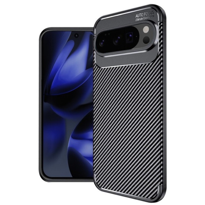 Husa Spate Upzz® Rugged Carbon Compatibila Cu Google Pixel 10 Pro XL, Protectie Sporita, Seznatie Premium, Silicon, Negru