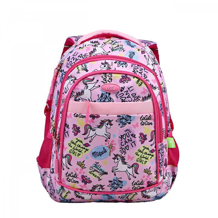 Ghiozdan Ecada Unicorni 41x31x16cm, poliester rezistent, multicolor, curele ergonomice