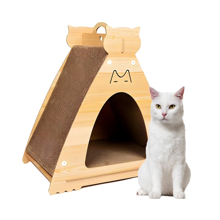 Ansamblu de Joaca pentru Pisici Teno, Casuta, Maro Deschis, Usor de Mutat