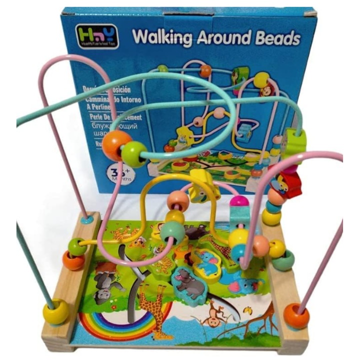 Labirint mare cu margele pe fire metalice – baza din lemn, pentru copii de la 2 ani (21×15×15 cm)