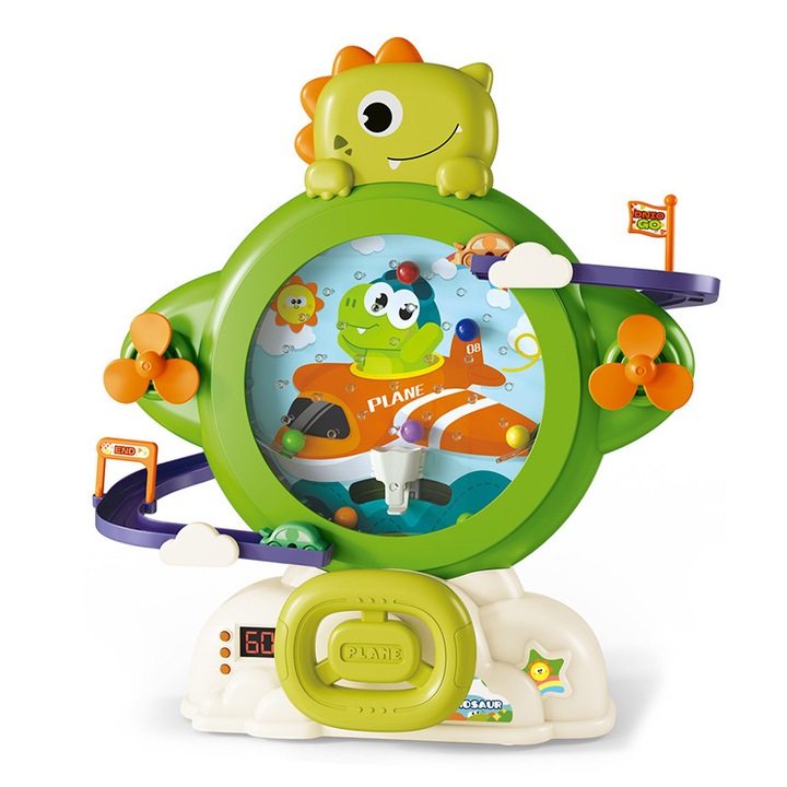 2 az 1-ben interaktív játék, Labdaelkapás a labirintuson keresztül és csúszdázás autókkal, Dinoszaurusz modell, Joynix