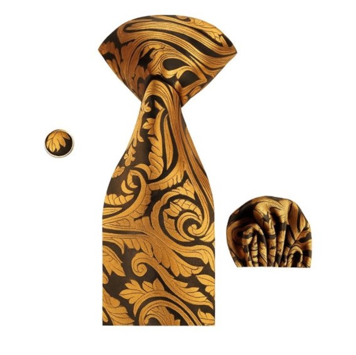 Set cravata matase + batista + butoni, cu auriu, SCR099