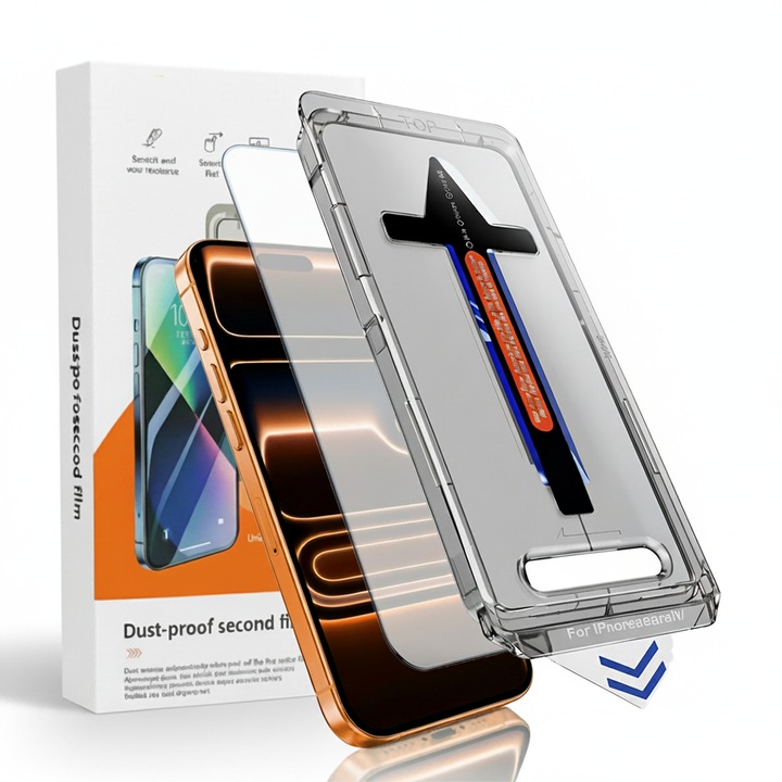 Folie Protectie compatibila cu iPhone17 pro max, Sticla Templata 9H+, cu Kit de Aplicare Instanta si Functie Automata de Indepartare a Prafului, Claritate Super HD, Tratament Electronic Oleofobic si Anti Amprente