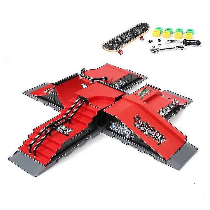 Mini gördeszkapark szett rámpa elemekkel, műanyag, véletlenszerű színek, 7-14 éves gyerekeknek