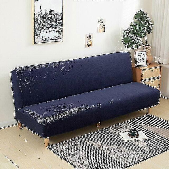 Husa canapea extensibila fara brate, Jacquard, 120-150cm, albastra, elastica, lavabila