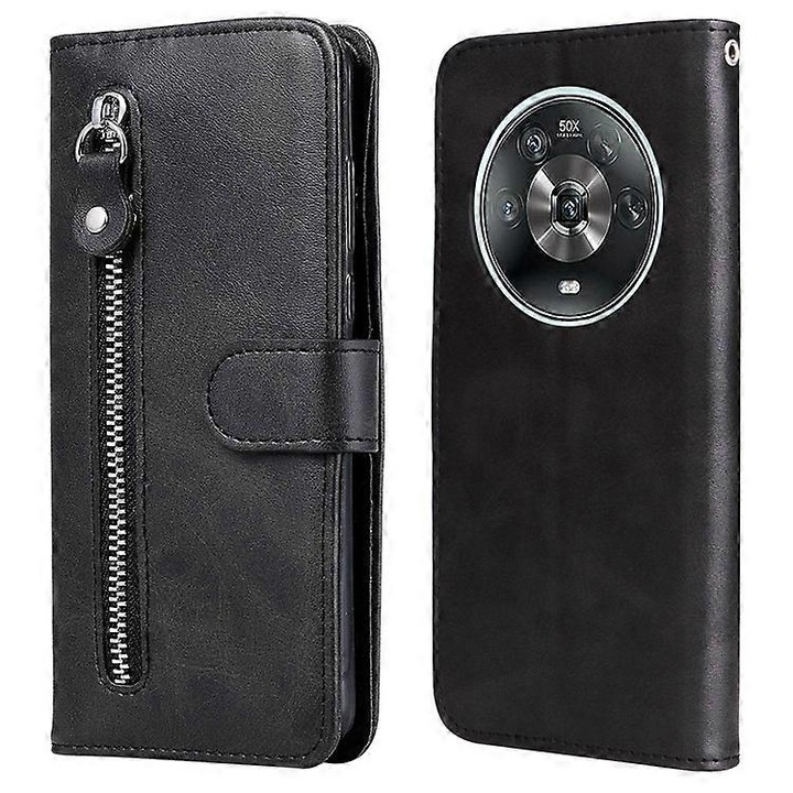 Compatibil pentru Honor Magic4 5g/magic4 Pro 5g, carcasa anti-cadere din PU, portofel tip folio, cu buzunar cu fermoar, suport si protectie antisoc, negru