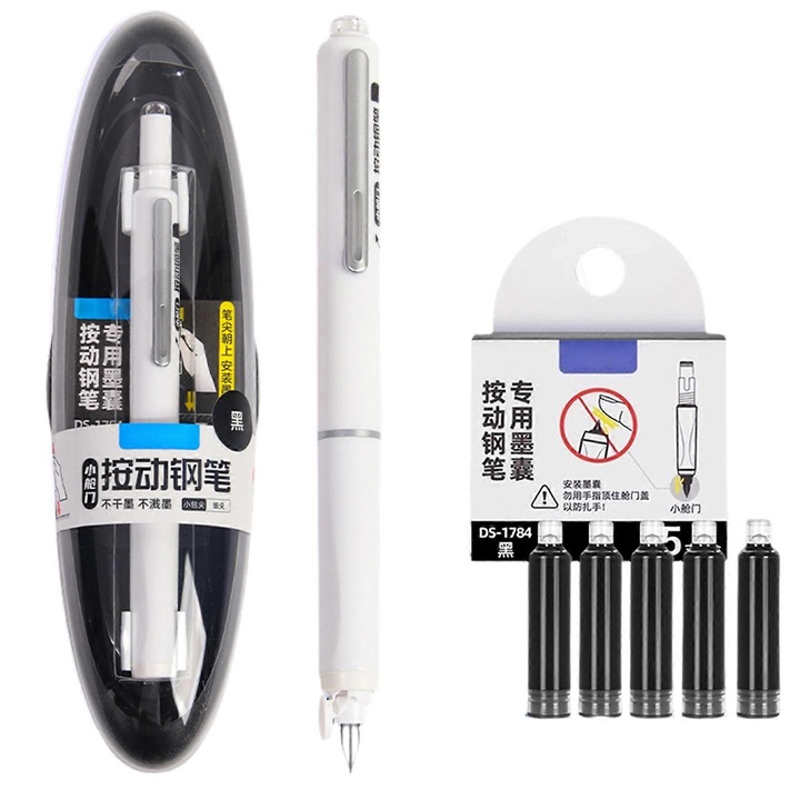 Stilou retractabil cu 5 cartuse de cerneala, 0.38mm, alb, set