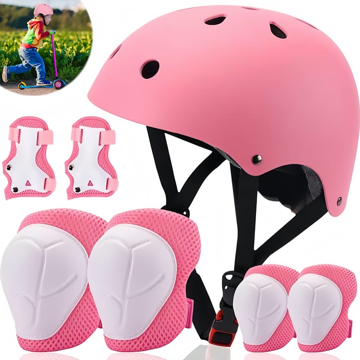 Комплект 7 Спортна каска за деца, MOROVAN, Каска за велосипед, защита за деца с регулируема каска, наколенки, налакътници, протектори за китки, 3-8 години, Розов