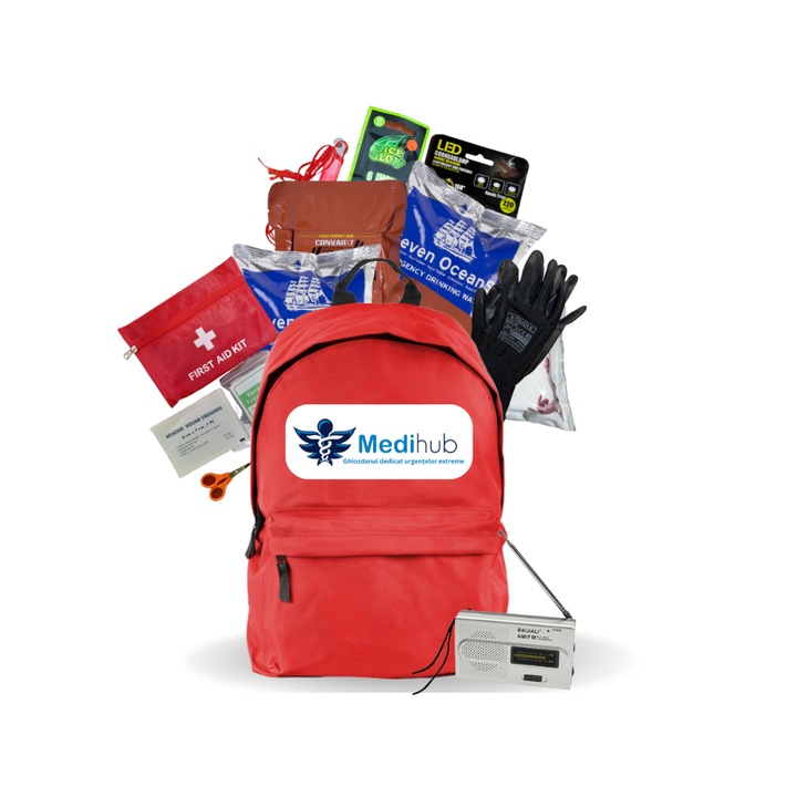 KIT Ghiozdan dedicat urgentelor extreme, rucsac si consumabile - 1 persoana
