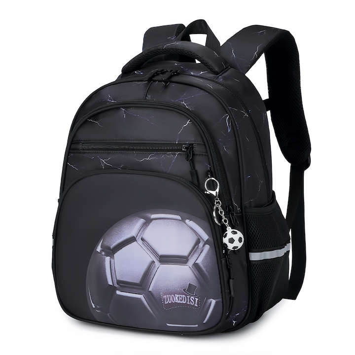 Rucsac scolar usor pentru copii, tema fotbal minge neagra, capacitate 20L, QiFeng™