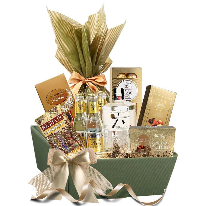 Cos Cadou Let the Fun BE-GIN – 9 Produse Premium: Gin Japonez Roku, 3 X Apa Tonica Fever Tree, Panettone, Trufe Mathez & Praline Gourmet