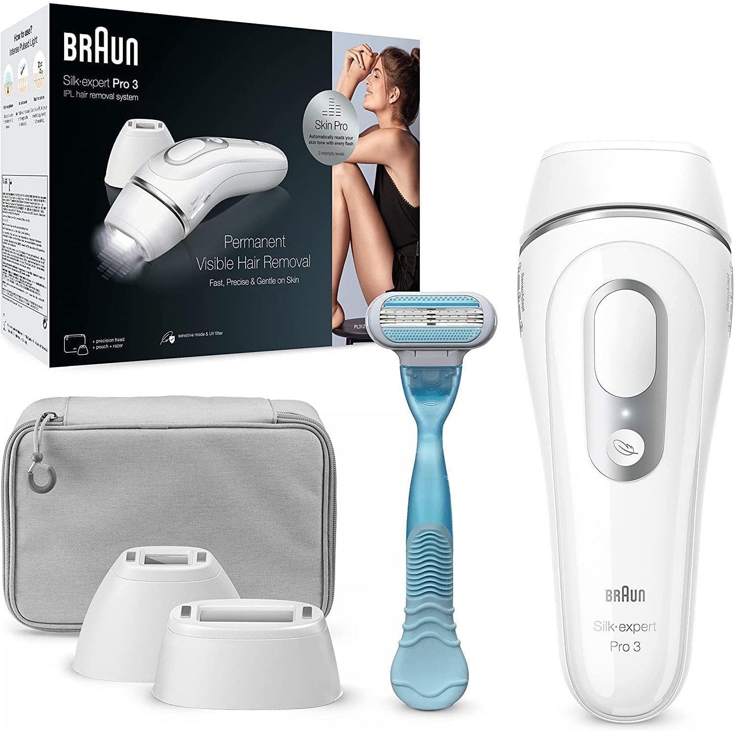 BRAUN silk・expert Pro3 Epilator IPL Braun Silk Expert Pro 3, 2 accesorii, alb/argintiu
