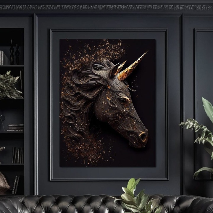 Премиум картина върху платно, LuxCanva® M1352, Абаносов еднорог, 75 X 100 см, 100% памучно платно 400 г/м2, дървена рамка, еднорог, портрет, вертикален, златен, абстрактен, елегантен, мистичен, неясен, тъмен, офис, хол, детска стая