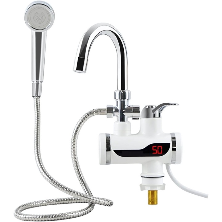 Robinet Electric Gardeon®, Cu Prindere Pe Perete Si Para De Dus, Incalzire Instant Apa Calda 30-60°, Afisaj Display LCD, Filtru Pentru Impuritati Si Racord Flexibil Inclus, Putere 3000W