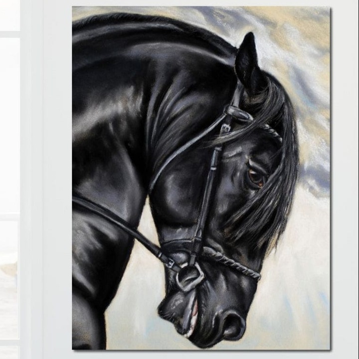 Tablou Canvas Premium, LuxCanva® M1354, Umbra Vie, 75 X 100 CM, Panza Bumbac 100% 400g/m2, Sasiu Lemn, Armasar, Pictura, Profil, Privire, Negru, Majestuos, Portret, Abstract, Nocturn, Birou, Living, Camera Copil