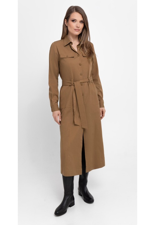 Rochie-camasa maxi cu maneci lungi Volcano G-Villa, cu cordon, nasturi, camel, Maro/Maro camel