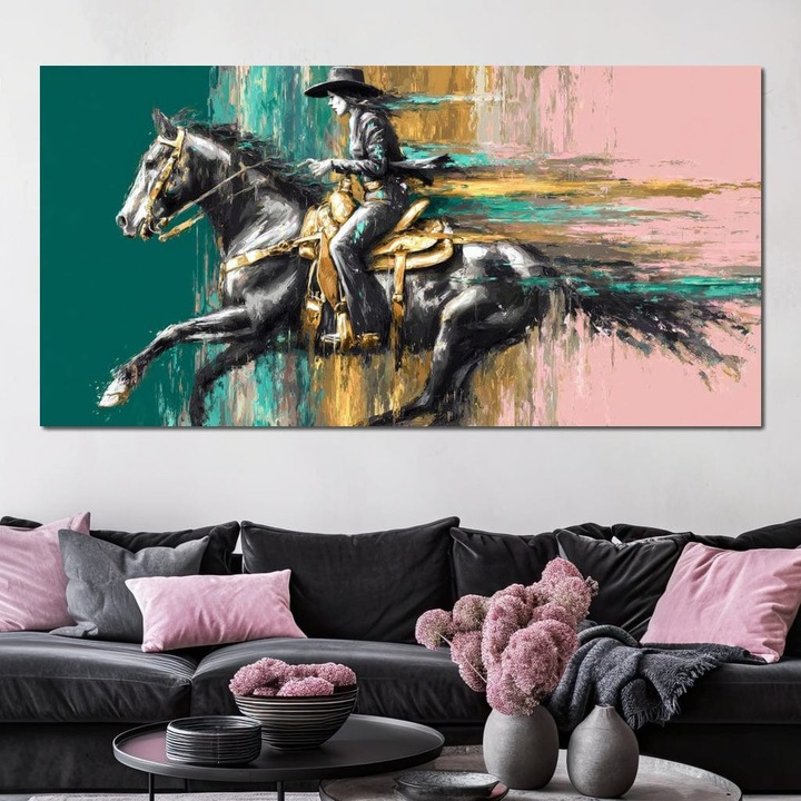 Премиум картина върху платно, LuxCanva® M1357, Конник, изгубен в цвят, 60 X 120 см, 100% памучно платно 400 г/м2, дървена рамка, Жребец, Галоп, Скорост, Картина, Шапка, Жена, Каубой, Цвят, Копита, Офис, Хол, Детска стая