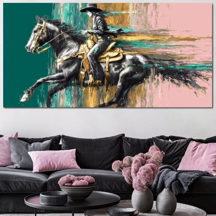 Tablou Canvas Premium, LuxCanva® M1357, Calaret Pierdut in Culoare, 50 X 100 CM, Panza Bumbac 100% 400g/m2, Sasiu Lemn, Armasar, Galop, Viteza, Pictura, Palarie, Femeie, Cowboy, Culoare, Copite, Birou, Living, Camera Copil