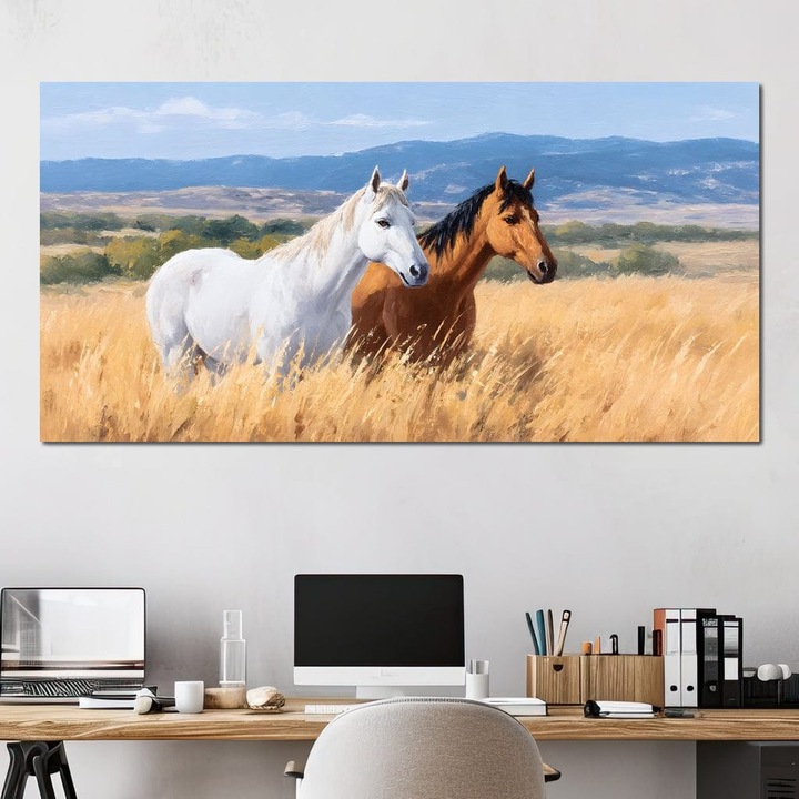 Премиум картина върху платно, LuxCanva® M1358, Историята на равнината, 70 X 140 см, 100% памучно платно 400 г/м2, дървена рамка, двойка, коне, бяло, кафяво, пейзаж, природа, светлина, степ, гледка, селски, хармония, офис, хол, детска стая