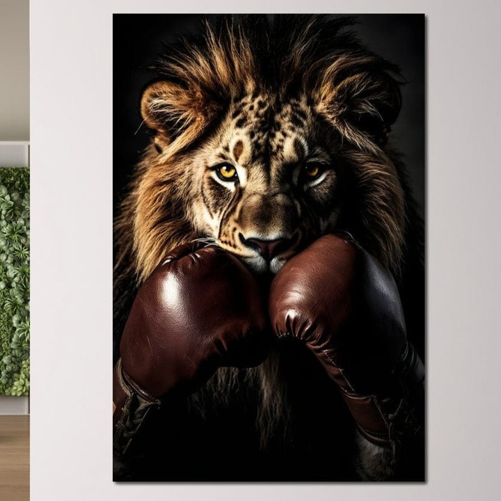 Tablou Canvas Premium, LuxCanva® M1361, Campionul Junglei, 40 X 60 CM, Panza Bumbac 100% 400g/m2, Sasiu Lemn, Leu, Box, Manusi, Ring, Sport, Trofeu, Forta, Victorie, Curaj, Rege, Adversar, Birou, Living, Camera Copil
