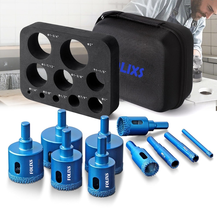 Set de 10 carote cu diamant, FOLIXS, carcasa metalica, diametre de 6/10/12/20/25/30/35/40/45/50 mm, cu ghidaj pentru burghiu, pentru ceramica, sticla, faianta, gips, marmura, granit si lemn, Albastru