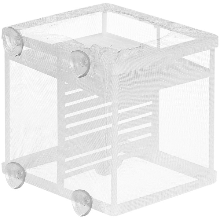 Acvariu de izolare, Kruger Meier HatchSphere S, incubator pentru alevini, plasa fina, compartiment, capac pentru hranire, ochi plasa 1 mm, 15x15x15cm