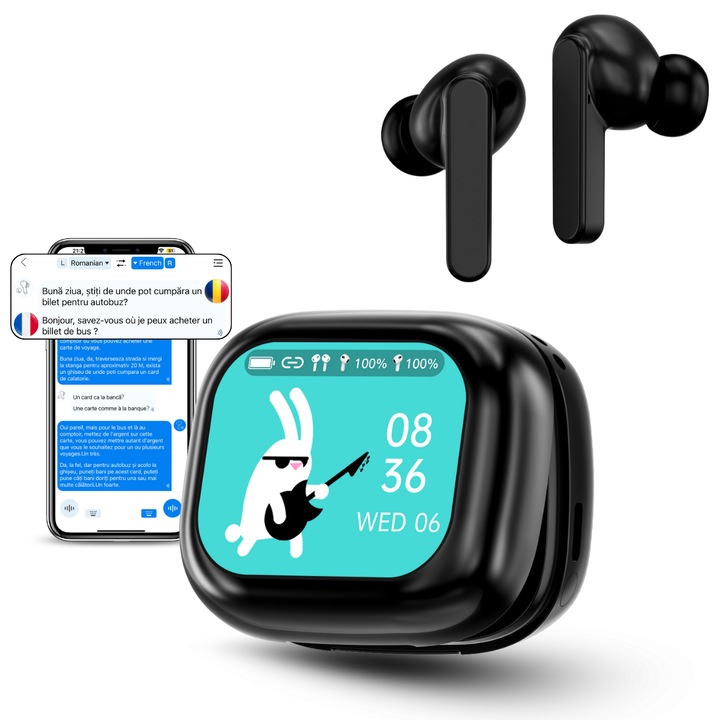 Слушалки с преводач за разговори в реално време, 144 езика, превод на снимки, калъф за зареждане със сензорен екран, Bluetooth 5.4, тъч контрол, T7, Черен, easyCTRL®