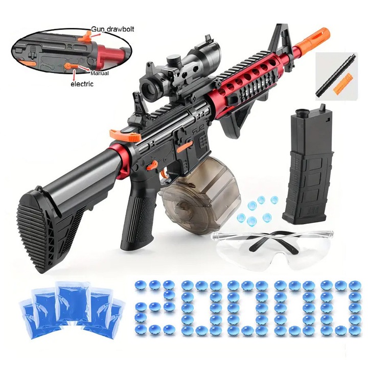 Arma automata M4A1electrica, Suness, 20000 Bile din Gel, Poate incarca 1000 de bucati odata, Prindere Ergonomica, Jucarie Sigura pentru Copii, Pentru ziua de nastere, craciun, favor de partid, 93cm, ABS, Rosu/Negru
