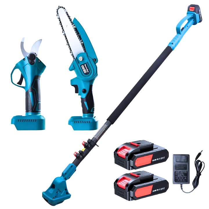 Set Foarfeca de Gradina si Mini Drujba cu Brat Telescopic 2.13m Vivendo®, 2 Acumulatori 48V, 2 in 1 pentru Lucrari Eficiente in Gradina