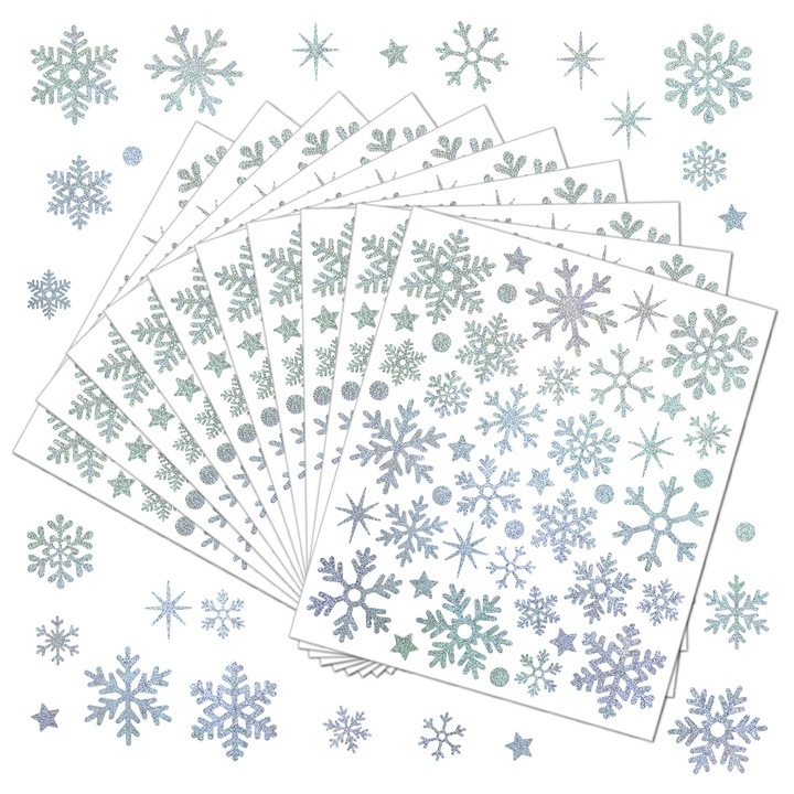 Комплект от 2 декоративни стикера за Коледа, снежинки, сребърни, букви и цифри, 20 см