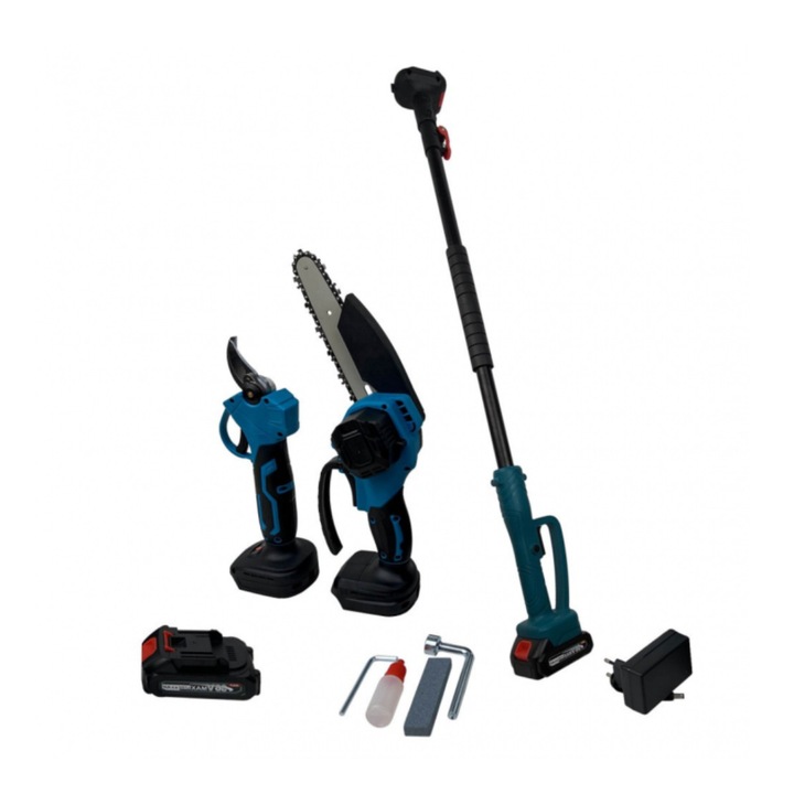 Комплект електрически ножици и мини верижен трион Taiga, 2 батерии 36V, телескопична щанга 2,5 м