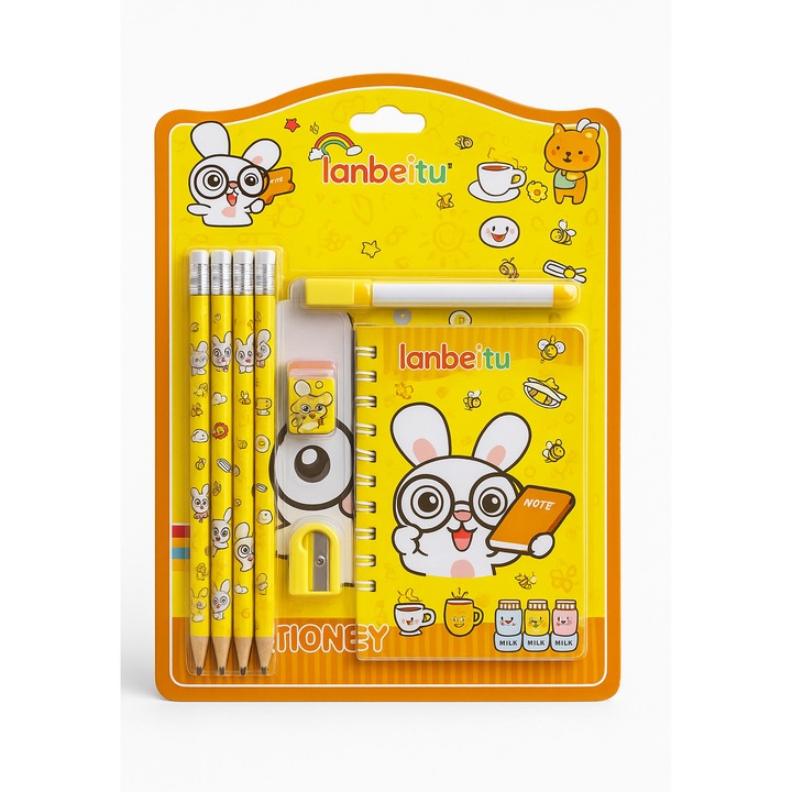Set rechizite scolare cu carnetel, 4 creioane, pix, guma si ascutitoare, model Iepuras – Galben