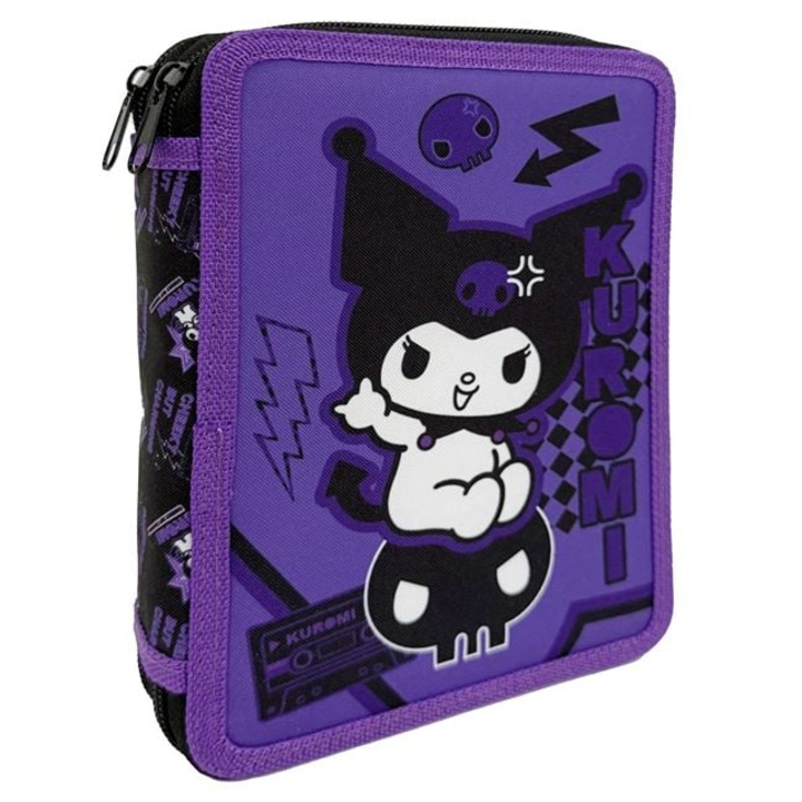 Penar echipat dublu Kuromi, 2 compartimente, mov-negru, 15,5x4x21cm