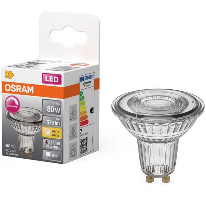 Bec LED OSRAM Superstar PAR16, GU10, dimabil, 6.1W (80W), 575 lm, 36°, lumina calda (2700K), clasa energetica E