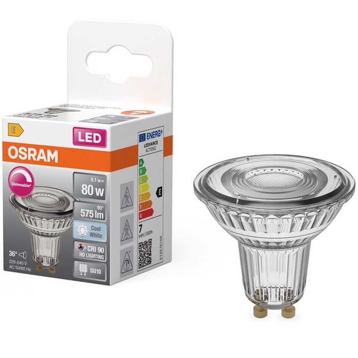 Bec LED OSRAM Superstar PAR16, GU10, dimabil, 6.1W (80W), 575 lm, 36°, lumina neutra (4000K), clasa energetica E