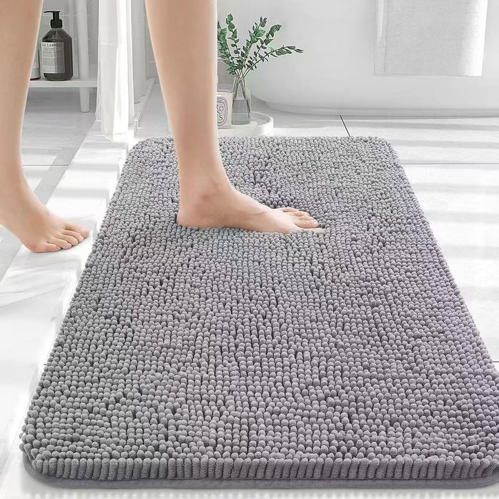 Covor absorbant antiderapant pentru baie, SHEFEITE®, Chenille, Gri, 50 x 80 cm, lavabil la masina, moale si cu uscare rapida