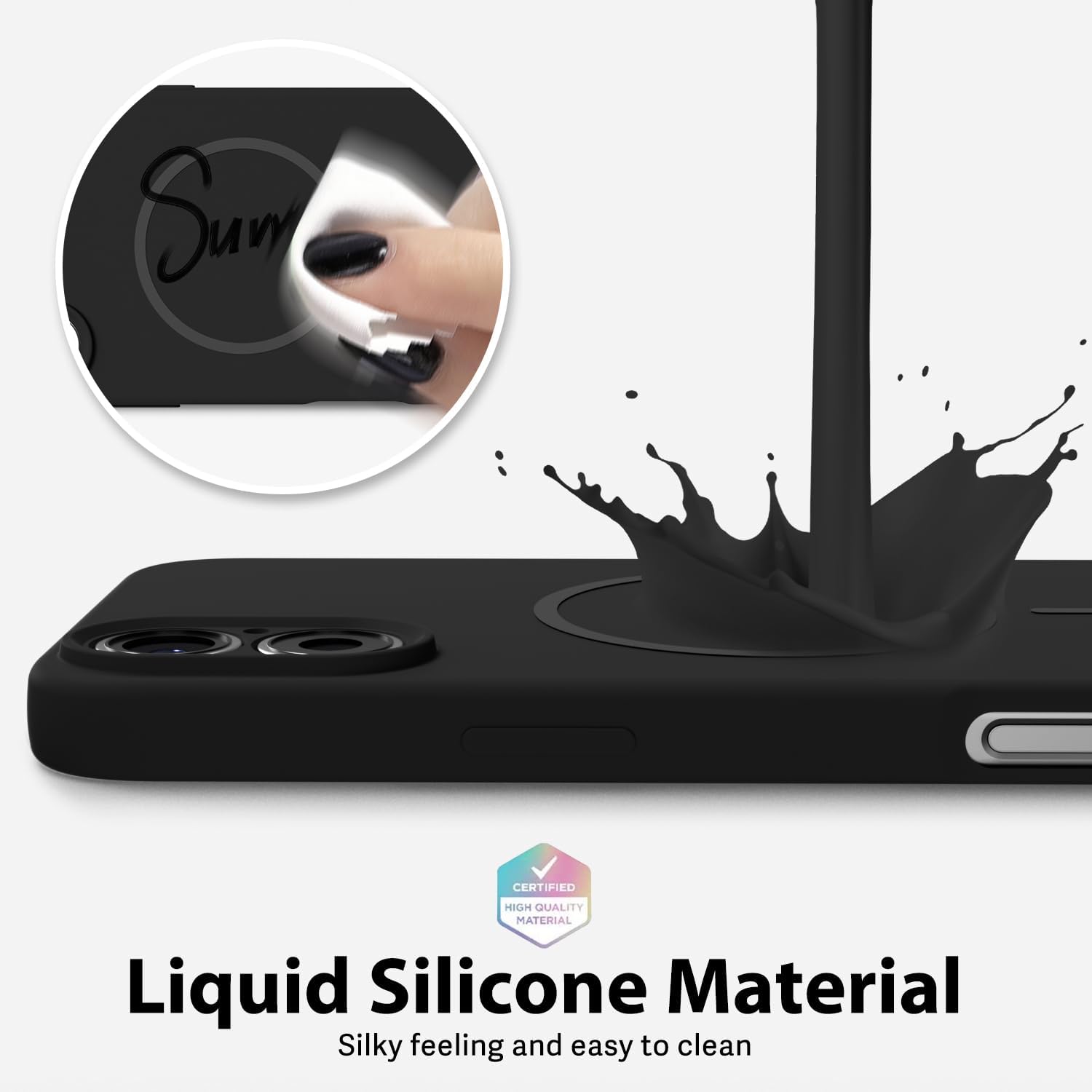 Husa Telefon din Silicon Negru, Compatibila cu MagSafe si iPhone 16 Plus, Rezistenta la Socuri, Prietenos cu Pielea, Margini Ridicate pentru Protectia Ecranului si Camerelor, Suprafata Anti-amprenta, Instalare Usoara Fara Scratch